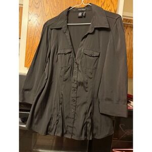 Cotton Express Missy Black Button Down Shirt Stretch 3/4 Sleeve Smocked Back XL